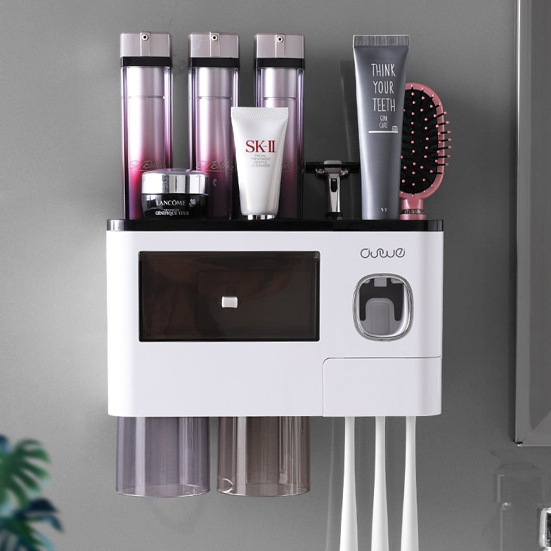 Multifunction Magnetic Toothbrush Holder with Cups Bathroom Set, Automatic Toothpaste Dispenser