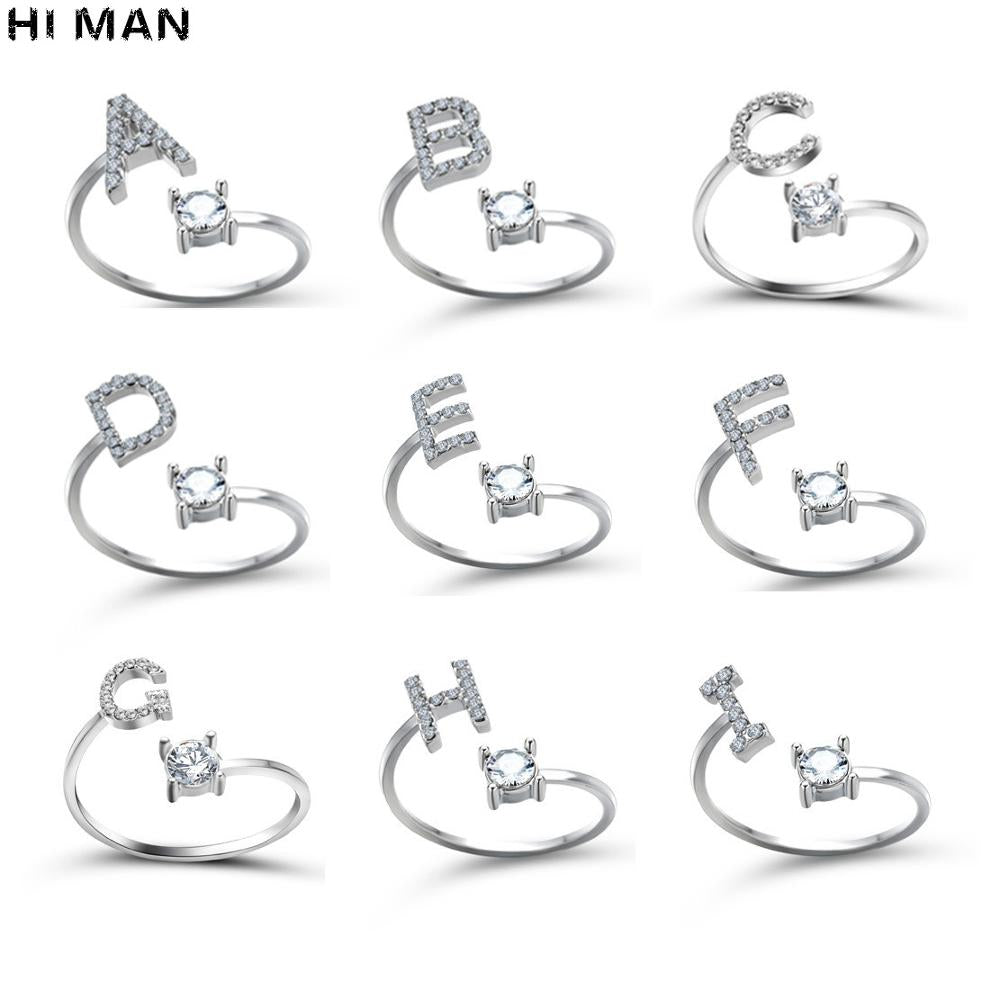 HI MAN New Design Fashion Pavé CZ Adjustable 26 Initial Letter Ring for Women