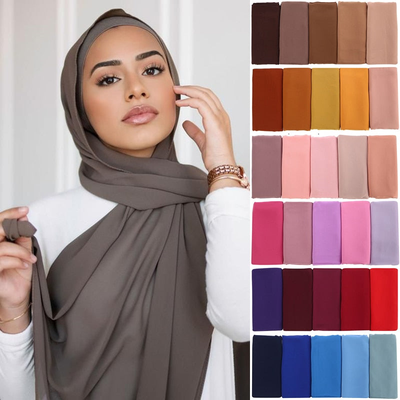 Plain Color Chiffon Scarf Hijab Headband Female Islamic Head Cover Wrap for Women Muslim