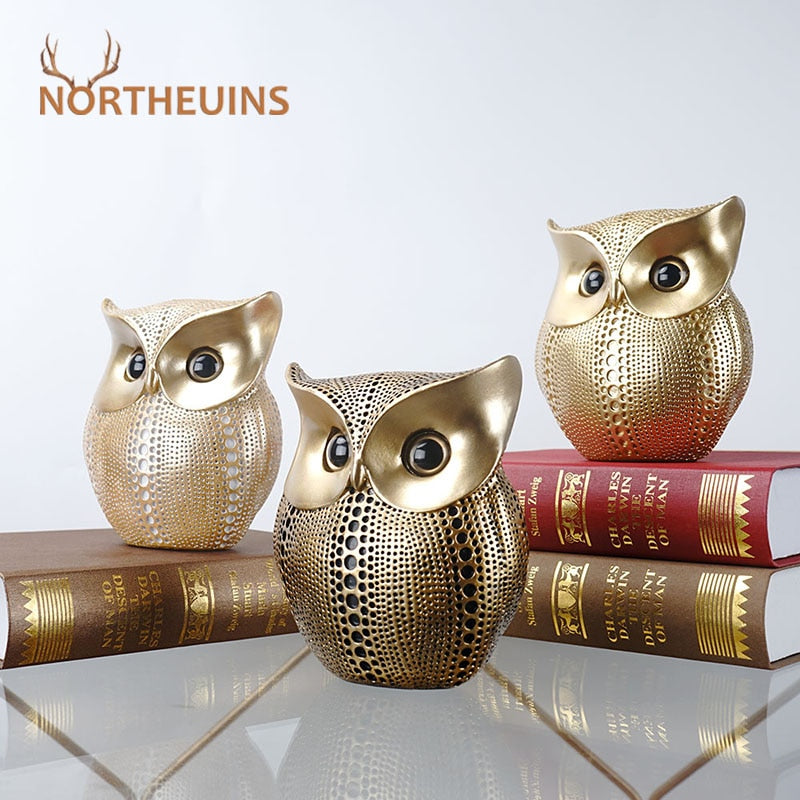 Golden Owl Figurines for Interior Resin Animal Statues Sculpture Home Living Room Decor