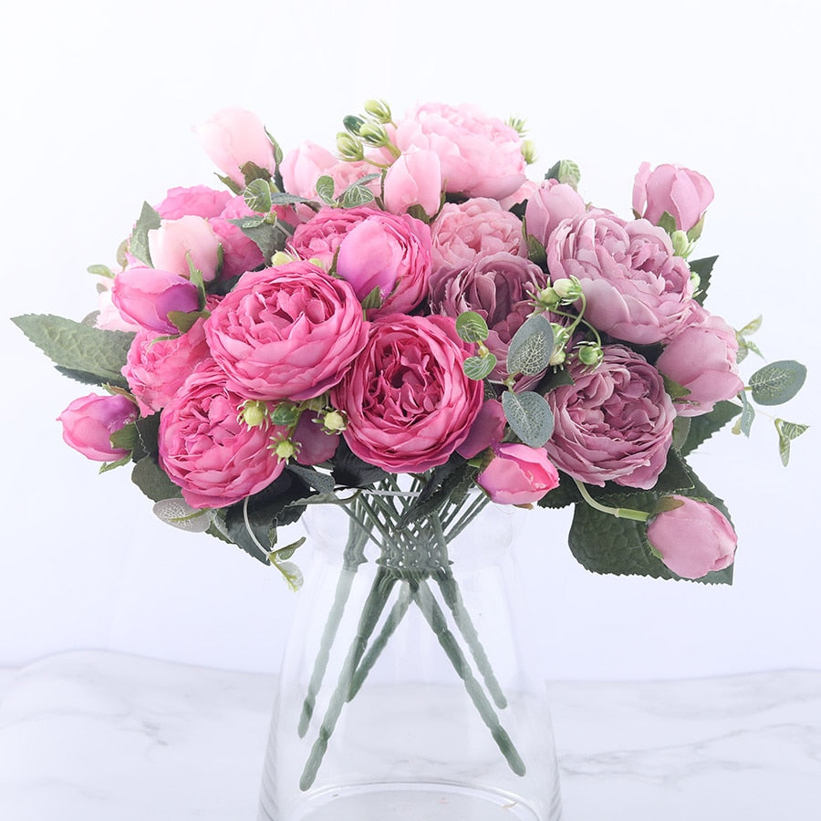 30cm Rose Pink Silk Peony Artificial Flowers Bouquet 5 Big Head and 4 Bud