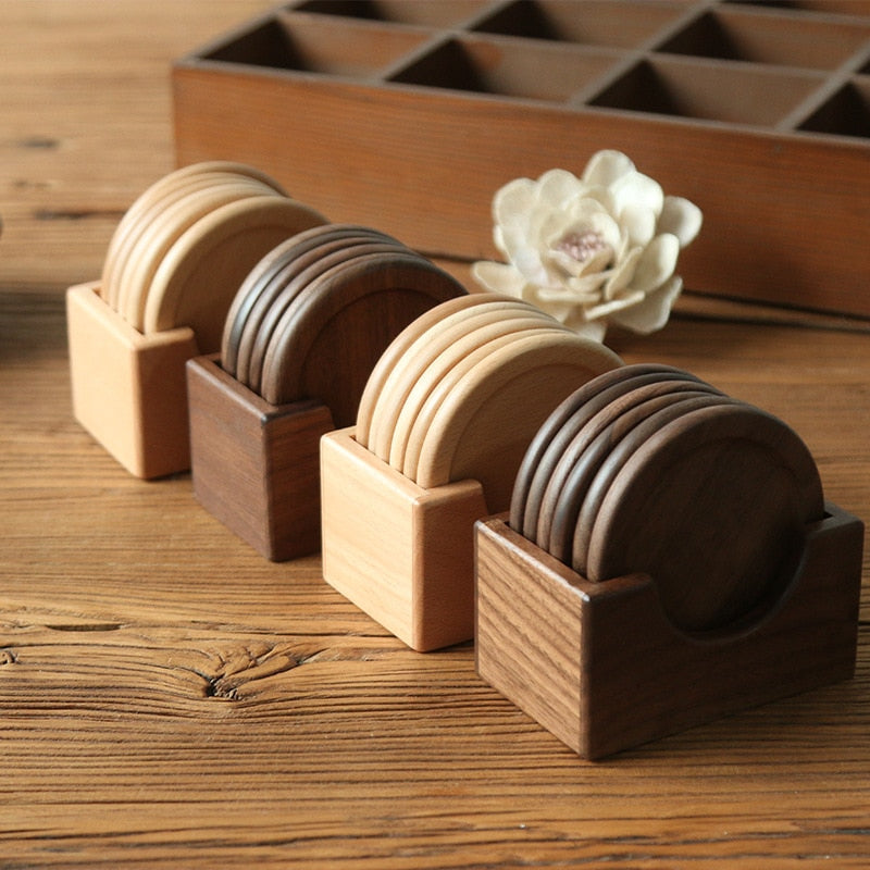 Vintage Tableware Wooden coaster set walnut round solid wood teacup mat