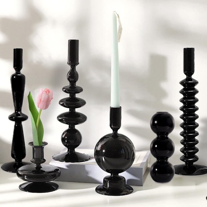 Black Glass Vases Glass Candle Holders for Home, Flower Vase Decoration, Candlestick Holder, Modern Living Room Decor