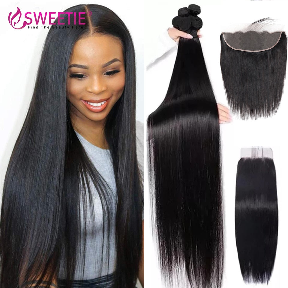Sweetie Straight Hair Bundles With Frontal Brazilian Natural Human Hair Weave Bundles With Closure 9A Remy Hair Extension
