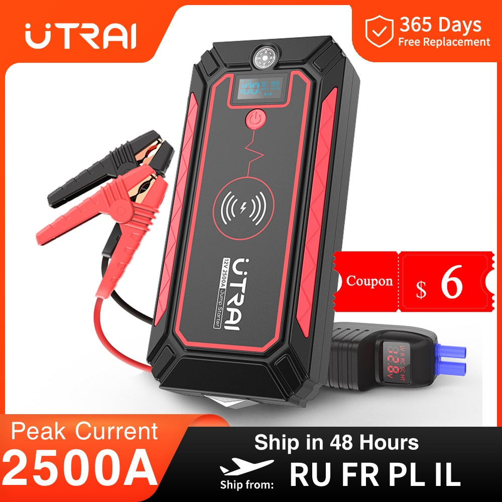 2500A Car Battery Starter Portable Power Bank 10W Wireless Charger LED Light Safety Hammer Car Jump Starter